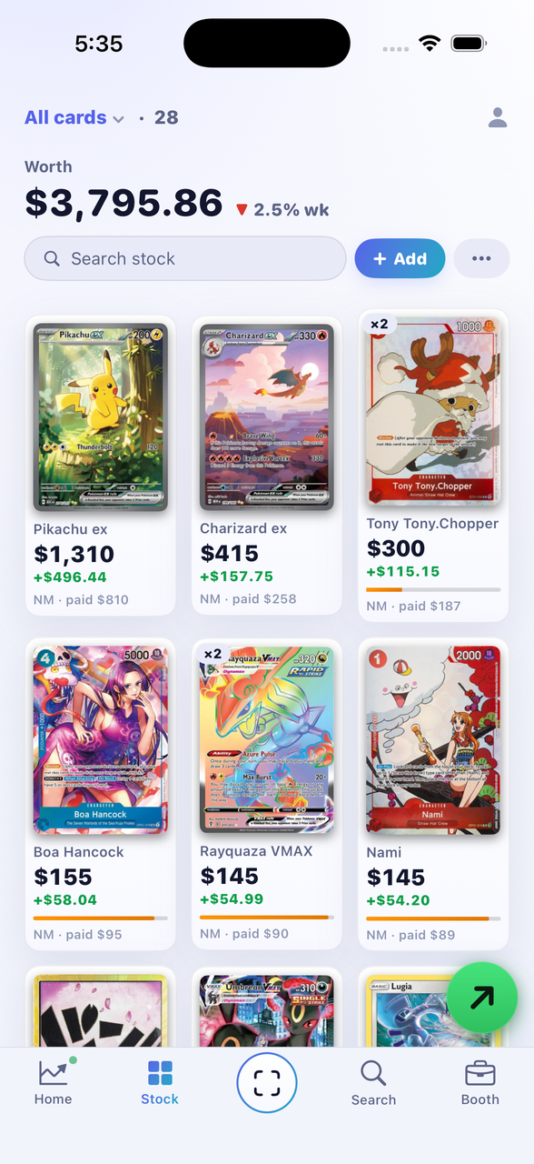Margin's stock grid, every card priced